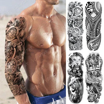 Veľké Arm Tattoo Rukáv Hodiny Rose Kríž Dragon Nepremokavé Dočasné Tatto Nálepky Poker Lev Body Art Full Falošné Tetovanie Ženy Muži