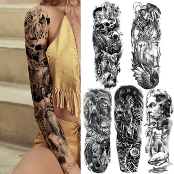 Smrť Lebky Dočasné Tetovanie Pre Ženy, Mužov Dospelých Black Warrior Boh Tetovanie Nálepky Rukáv Falošné Body Art Kreslenie Tetovanie Veľké Veľkosť