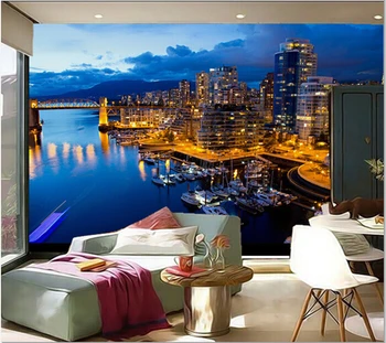 Najnovšie 3D maľby, 3d Hd prístavné mesto v noci , obývacia izba gauč TV spálňa papier pozadí steny
