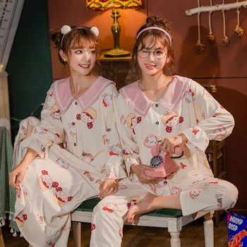 Nočná košeľa 2020 kórejský sleepwear jeseň nový elegantný župan cartoon dlhý rukáv vyhovovali cardigan sukne domov služby