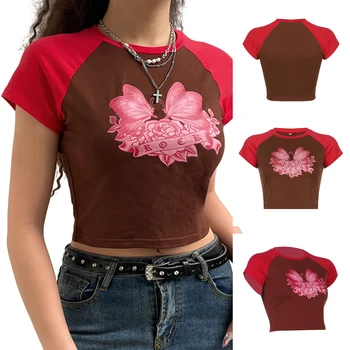 Ženy Krátke Sleeve T-Shirts Kvet, Motýľ Tlačené Písmeno Vzor Kontrast Farieb O-Neck Fashion Bežné Wild Slim-fit Plodín Topy