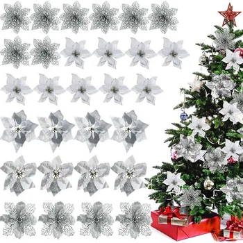 30pcs Striebro Umelé Kvety Pre Vianočný Strom Dekorácie DIY Vianočné Ozdoby Rodinné, Svadobné, Vianočné Party Dekorácie