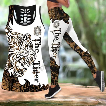 PLstar Vesmíru Tiger Hnedý Tetovanie 3D Vytlačené tielko+Leginy Combo Oblečenie Jogy Fitness Mäkké Leginy Lete Ženy, Pre Dievča