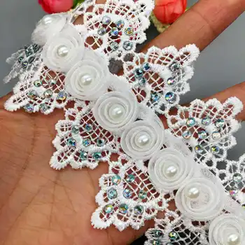 20x 3D Farebné Diamond Bavlna Kvet Pearl Korálkové Čipkou Trim Vyšívané Páse s nástrojmi Textílie Dentelle DIY Šitie Plavidlá Svadobné Šaty