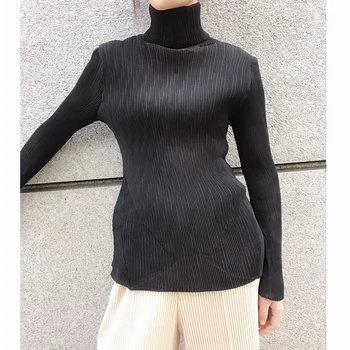 HOT PREDAJ Miyake módne násobne dlhým rukávom nové sexy Vysoký golier T-shirt ženy NA SKLADE