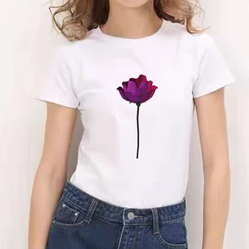 2021 Ženy Biele Tričko Kvety Tlače Lete Krátky Rukáv O Krk Tshirts Nadrozmerné T-Shirts pre Lady Dievčatá Módne Streetwears