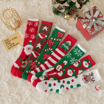 Farebné Coral Fleece Dlhé Ponožky Vianočné StockingThickened Teplé Podlahy Ponožky Roztomilý Kreslený Santa Claus Pančuchy Vianočné Darčeky