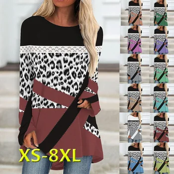 Jar, Jeseň Harajuku Y2K T-shirt Dámy Leopard Geometrických Tlač Dlhý Rukáv T-shirt Top Žien Príležitostné Voľné Vintage Oblečenie