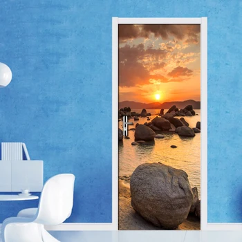3D Interiérové Dvere Nálepky, Obývacej Izby, Spálne, Dvere, nástenná maľba 3D Tapeta Nepremokavé samolepiaca 3D západ Slnka Rock výhľadom na more Stenu Papier