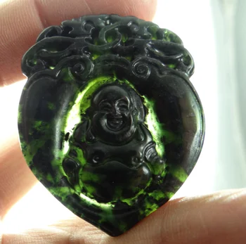 50*31Wholesale prírodné Čínsky čierny zelený kameň, ručne vyrezávané sochy Šťastný Buddha amulet prívesok náhrdelník Šperky Robiť