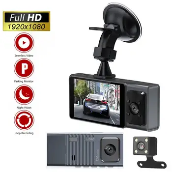 HD 1080p Auto Dash Cam Jazdy Záznamník Nočné Videnie 3-objektív Predné/Zadné/Vnútri videorekordér Fotoaparát Parkovanie Monitorovanie Videokamera