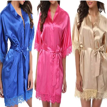 2022 Ženy, Dámy Sleepwear Čipky Polovičný Rukáv Nightgowns Imitácia Ice Hodváb Pyžamo Famale Noc Šaty S Pásom