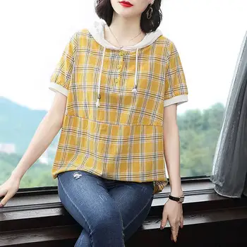 Bavlna 2022 jar nové kapucňou-krátke rukávy tričko dámske kórejský voľné top módne Tees Bežné harajuku