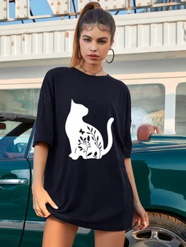 kvetinový mačka nadrozmerné tričko roztomilý ženy lumbálna graphic tee tričko