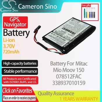 CameronSino Batérie pre Mitac Mio Moov 150 hodí Mitac 078512FAC 338937010159 GPS Navigátor batérie 720mAh 3.70 V Li-ion Čierna