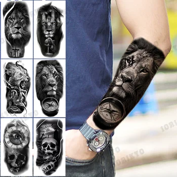 3D Black Lion Kompas Dočasné Tetovanie Pre Mužov Dospelých Lebky Kríž Bojovník Falošné Tetovanie Realistické Body Art Decoration Tatoos Papier