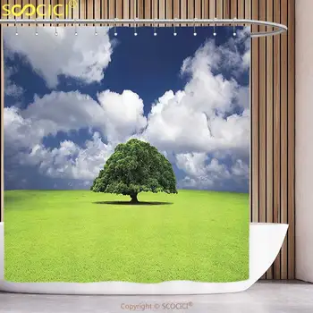 Elegantný Sprchový Záves statok Dekor Jeden Starý Strom na Širokú Trávy Oblasti Našuchorené Oblaky Slnečný Letný Deň Cloudscape obrázok