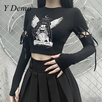 Y Demo Gotický Anjel Tlač Ženy T-košele Slim Harajuku Čipky Rukáv Príležitostné Letné Topy 2020