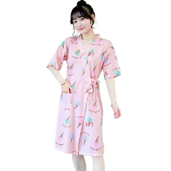 2811D-1 Ženy Gázy Kimono Kockovaný Vzor Župan Nočná Košeľa Home Service Domácnosti, Oblečenie na Jar a Leto, Župan