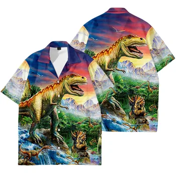 Nové Tričká pre Mužov 3D Krátky Rukáv s Vrecku Dinosaura Maľovanie Y2K Mužov Oblečenie Príležitostné Letné Topy