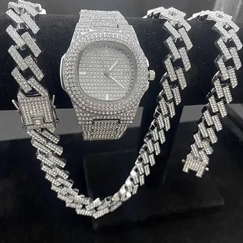 3KS Ľadový Von Hodinky pre Mužov Zlaté Hodinky Kubánskej Reťaze Náramok + Náhrdelníky Diamond Hip Hop Šperky Set pánske Luxusné Hodinky