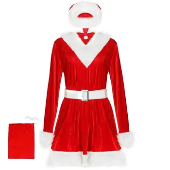 Red Velvet Vianočné Šaty Pre Ženy Santa Claus Cosplay Kostýmy Maškarný Party Šaty s Bag Pás Klobúk