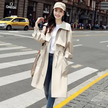 2021 Jar Jeseň Zákopy Srsti kórejský Módne Žena Dlho Outwear Solid Plus veľkosť Bežné Pás Slim Žien Windbreaker Obloženie