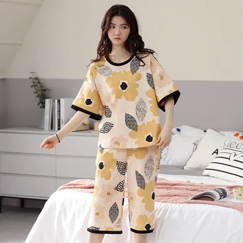 Ženy Pyžamo Nastaviť Lete Krátky Rukáv Sleepwear Bavlna Pijamas Voľné Ženský Odev M-5XL