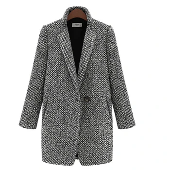 Zimný Kabát Ženy Houndstooth Vlnené Kabát Módne Bavlnená Zmes Jediného Tlačidla Vrecku Nadrozmerná Zákopy Srsti Vrchné Oblečenie Femme
