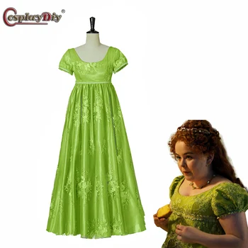Cosplaydiy Šaty Cosplay Lady Penelope Featherington Kostým, Šaty Zelené Regency Era Plesové Šaty, Šaty Na Vysokej Pása Čaj Šaty