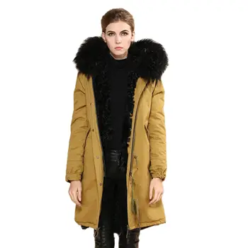 V zime teplý kabát s veľkými reálne kožušiny golier, podšívka žltá vetrovka kabát zahustiť bunda výrobnú cenu