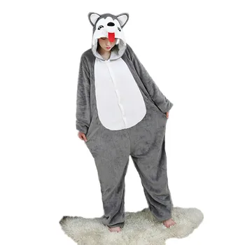 Držať Jazyk Sivá Husky Psa Kostým pre Dospelých Kreslených Kigurumi Zvierat Cosplay Onesies Pyžamo Jumpsuit Hoodies na Halloween