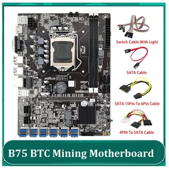 B75 ETH Ťažba Doske 12 PCIE Na USB LGA1155 SATA 15 kolí K 6Pin Kábel+4PIN, Aby SATA Kábel+Switch Kábel So Svetlom