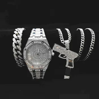 3ks Ľadový Sa Pozerať Náhrdelník Náramok pre Mužov Luxury Diamond Zlaté Hodinky Mužov Bling Hip Hop Zbraň Strelec Prívesok Reťaze Šperky