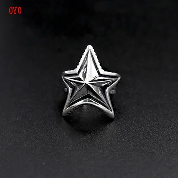 S925 mincový striebro vintage Thai strieborný prsteň punk móda päť-špicaté hviezdy krúžok pre mužov a ženy