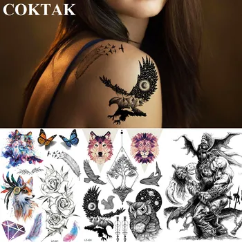 COKTAK Eagle Galaxy Sova Geometrické Vlk, Lev Dočasné Tetovanie Nálepky Umývateľný Tatoos Mesiac Horských Strom Tetovanie Body Art Papier