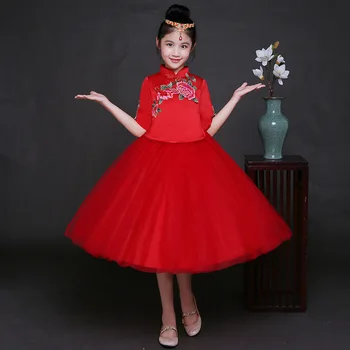 Červená Qipao Detí Dievča Cheongsam Šaty Guzheng Kvetina Mini Satin Strana Deti Brithday Čínsky Nový Rok Kostým Dieťa Oblečenie