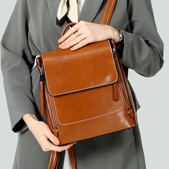 Ženské skutočné cowhide olej, vosk kožené batoh Európsky a Americký štýl taška cez rameno Módne retro prenosné tašky pre ženy