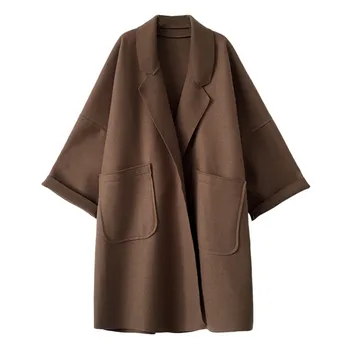 2021 Elegantné Ženy Vlnené Kabát Jarné, Jesenné Bundy Voľné Windbreaker Coats Brown Black Vrecku Vrchné Oblečenie Žien Bežné Bunda