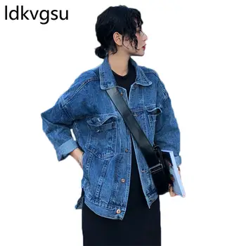 Retro Tmavo Modrá Denim Jacket Ženy chaquetas 2019 mujer Jar Nové Klasické Ženské Voľné kórejský Bunda Jean Femme Coats f113