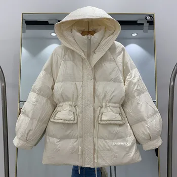 2022 Zimné Nové Módne Ženy s Kapucňou 90% Biele Kačacie Nadol Coats Žena Tweed vrecku Krátke Puffer Bundy Bežné Dámy Outwear