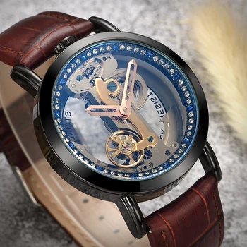 SHENHUA Módnej Značky Blue Prípade pánske Hodinky Jediný Most Transparentné Kostra Automatické Mechanické náramkové hodinky Tourbillon