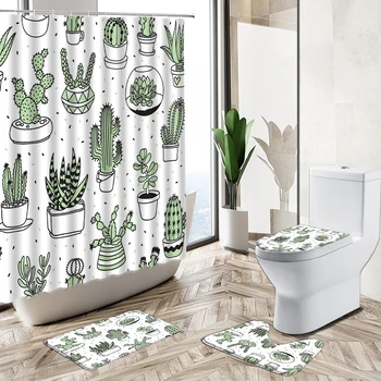 Cartoon Kaktus Vzor Sprchový Záves Nastaviť Nordic Tropická Zelená Rastlín Črepníkové Dieťa Kúpeľňa Protišmykový Podstavec Koberec, Wc Kryt