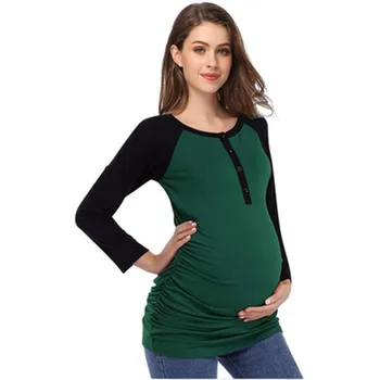 Materské Oblečenie Tehotenstva Tričko Ošetrovateľskej Top Single-Breasted Ošetrovateľskej Top Okolo Krku Raglan Dlhý Rukáv Materskej T-Shirt Pohodlné
