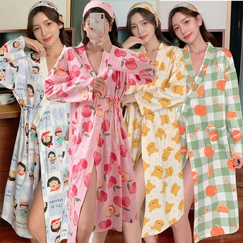 2022 Jar Jeseň Dlhý Rukáv Bavlna Kimono Šaty pre Ženy Tlač Dlhý Župan Sleepwear Noc Šaty Vaňa Šaty, oblečenie pre voľný čas Nighty