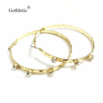 Gothletic Zlatá Farba 70 MM Crystal Kamenné Obvodové Náušnice Jednoduché Kolo Kruhu Náušnice pre Ženy Strany Šperky