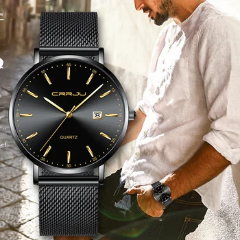 Luxusné Značky CRRJU Jednoduchý Módny Štýl Bežné Vojenské Quartz Muži Hodinky Ultra-tenké Plnej Ocele Muž Hodiny Dátum Náramkové hodinky