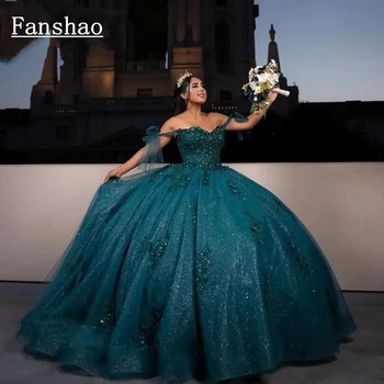 Fanshao wd519 Princezná Quinceanera Šaty Korálkové Nášivka Kaplnka Vlak Krajky-up Korzet Prom Vestidos de 15 quinceañera