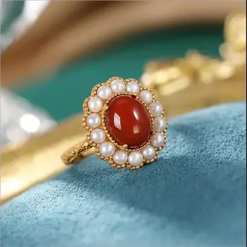 Červená Jade Krúžky Žien Čínsky Šperky Kúzlo Prírodných Kameňov, Kamenných Amulety Nastaviteľný Krúžok Vyrezávané 925 Silver Skutočný Dizajnér