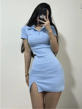 Hot Sexy kórejskej Ženy Korenie Štíhle Sexy Rozdeliť-line Tričko Mini Šaty Polo Golier Láska Výšivky Slim Hip Sladké Y954